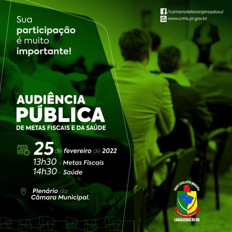 AVISO DE PAUTA: Câmara realizará audiências de Metas Fiscais e da Saúde na sexta-feira, 25